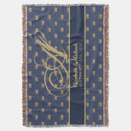 Monogram Navy Blue Gold Crown King Queen PASSEN GE Deken (Voorkant Verticaal)