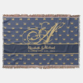 Monogram Navy Blue Gold Crown King Queen PASSEN GE Deken (Voorkant)