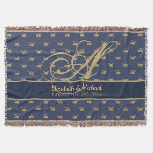 Monogram Navy Blue Gold Crown King Queen PASSEN GE Deken (Voorkant)
