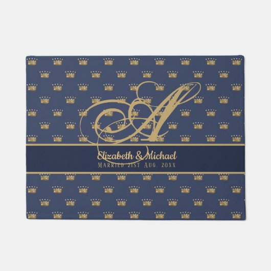 Monogram Navy Blue Gold Crown King Queen PASSEN GE Deurmat (Voorkant)