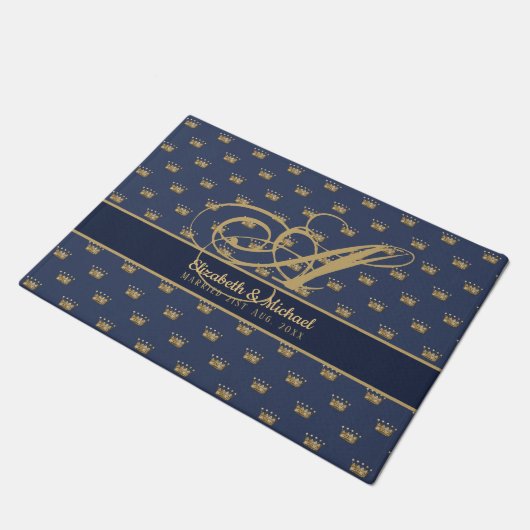 Monogram Navy Blue Gold Crown King Queen PASSEN GE Deurmat (Schuin)