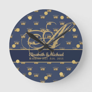 Monogram Navy Blue Gold Crown King Queen PASSEN GE Ronde Klok