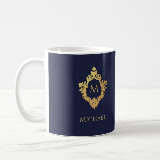 Monogram Navy Blue Gold Elegant  Crest Naam Koffiemok (Links)