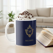 Monogram Navy Blue Gold Elegant  Crest Naam Koffiemok