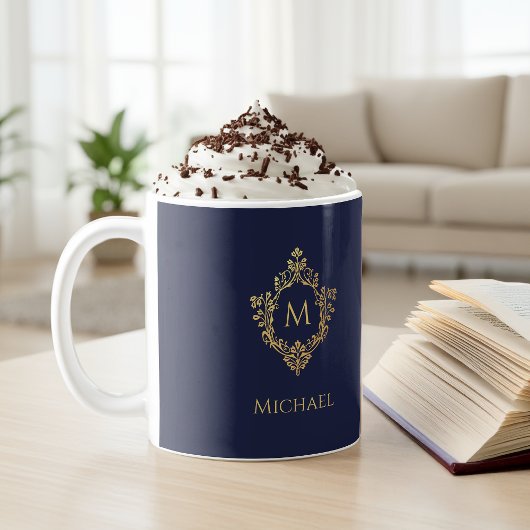 Monogram Navy Blue Gold Elegant Crest Naam Koffiemok