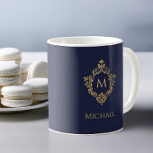 Monogram Navy Blue Gold Elegant Crest Naam Koffiemok