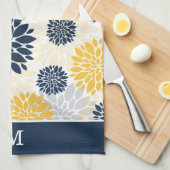 Monogram Navy Blue Gold Flower Pattern Theedoek (Quarter Fold)