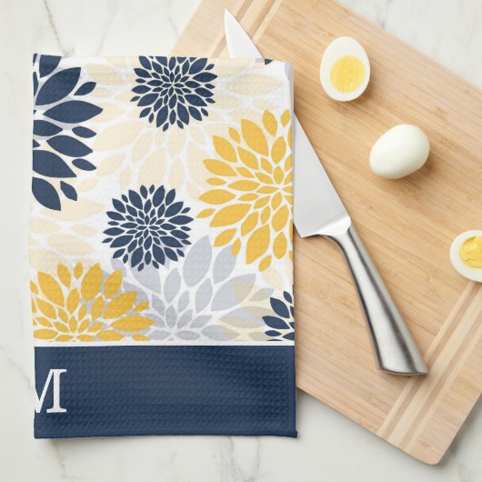Monogram Navy Blue Gold Flower Pattern Theedoek (Quarter Fold)
