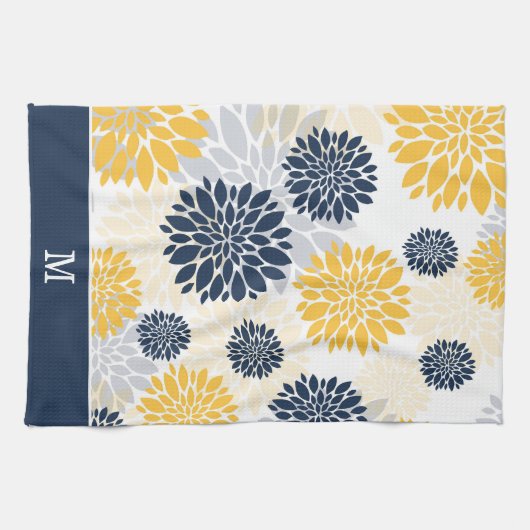Monogram Navy Blue Gold Flower Pattern Theedoek (Horizontaal)