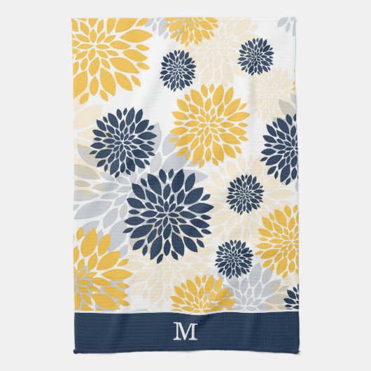 Monogram Navy Blue Gold Flower Pattern Theedoek (Verticaal)
