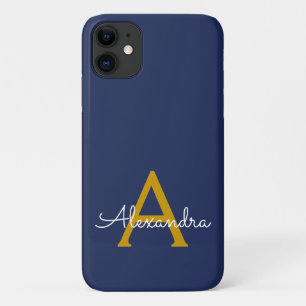 Monogram Navy Blue Gold Girly Case-Mate iPhone Case