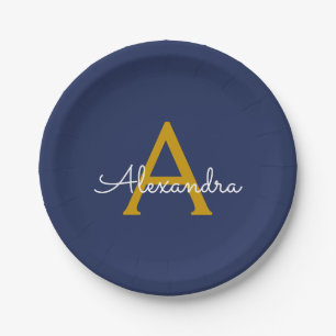 Monogram Navy Blue Gold Girly Papieren Bordje