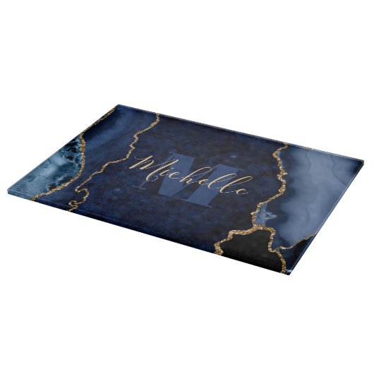 Monogram Navy Blue & Gold Glitter Marble Agate Snijplank (Hoek)