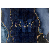 Monogram Navy Blue & Gold Glitter Marble Agate Snijplank (Voorkant)