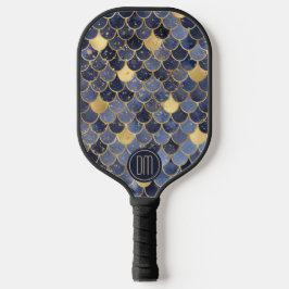 Monogram Navy Blue Gold Glitter Mermaid Scales Pickleball Paddle