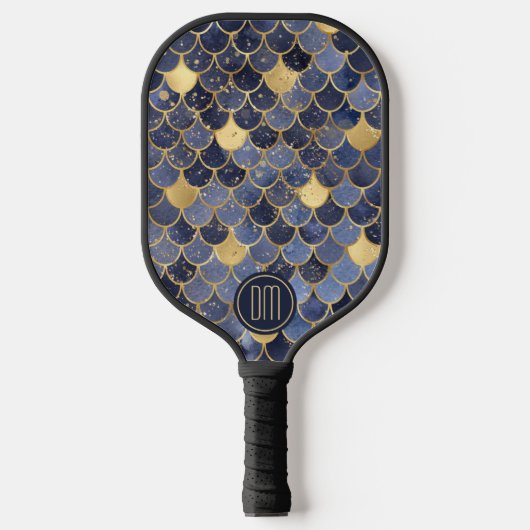 Monogram Navy Blue Gold Glitter Mermaid Scales Pickleball Paddle (Voorkant)