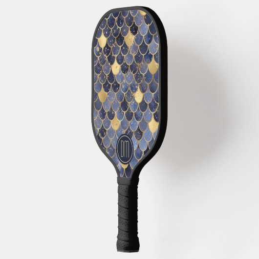 Monogram Navy Blue Gold Glitter Mermaid Scales Pickleball Paddle (Links)