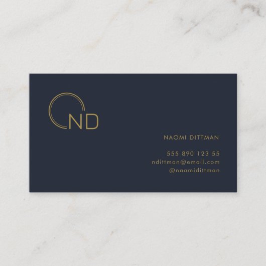 Monogram Navy Blue Gold Minimalist Personal Visitekaartje (Voorkant)