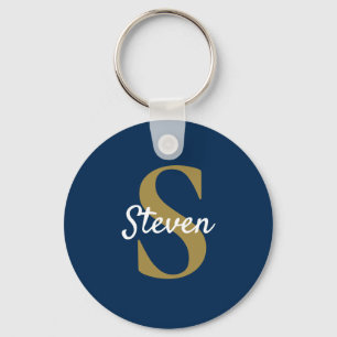Monogram Navy Blue Gold Persoonlijke naam Sleutelhanger