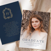Monogram Navy Blue Gold Photo Afstudeerder Aankond Kaart