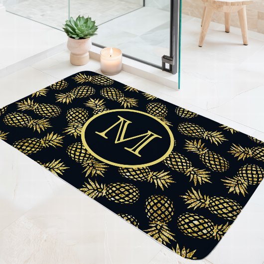 Monogram Navy Blue Gold Pineapple Badmat