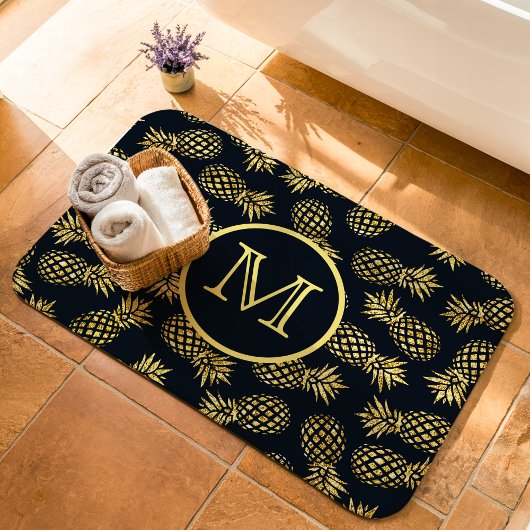 Monogram Navy Blue Gold Pineapple Badmat