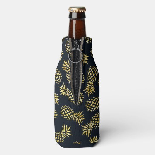 Monogram Navy Blue Gold Pineapple Flesjeskoeler (Fles Achterkant)