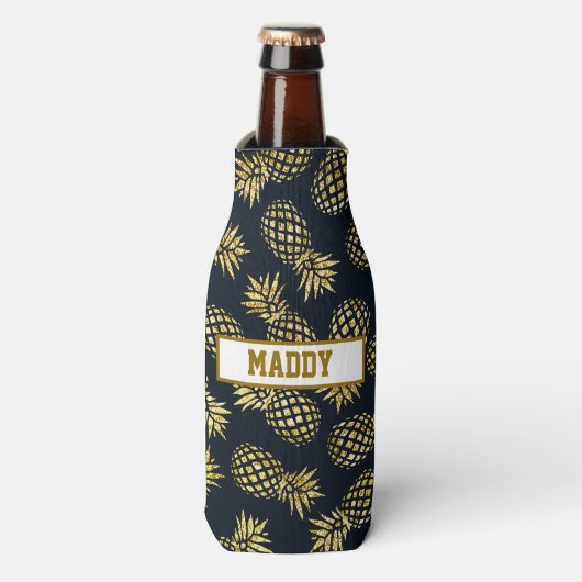Monogram Navy Blue Gold Pineapple Flesjeskoeler (Fles Voorkant)