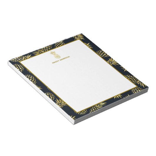Monogram Navy Blue Gold Pineapple Notitieblok (Schuin)