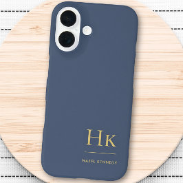 Monogram Navy Blue Gold Professional Elegant iPhone 16 Hoesje
