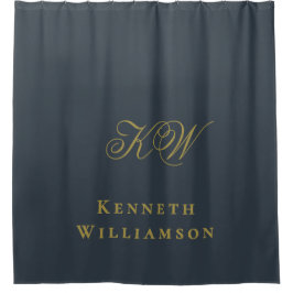 Monogram Navy Blue Goud Naam Minimalistisch Mannen Douchegordijn