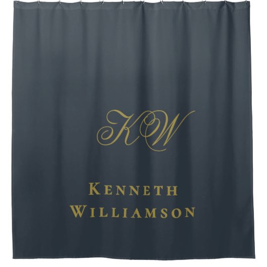 Monogram Navy Blue Goud Naam Minimalistisch Mannen Douchegordijn (Voorkant)