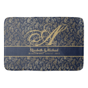Monogram Navy Blue Goudblad Nieuwgetrouwden Trouwe Badmat