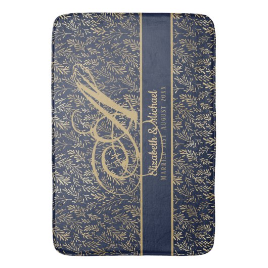 Monogram Navy Blue Goudblad Nieuwgetrouwden Trouwe Badmat (Voorkant Verticaal)
