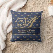 Monogram Navy Blue Gouden Kroon Bruidspaar Kussen (Deken)