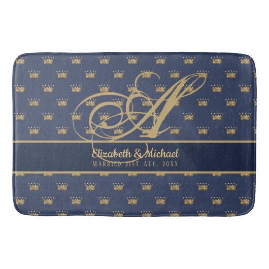 Monogram Navy Blue Gouden Kroon Koning Koningin NI Badmat (Voorkant)