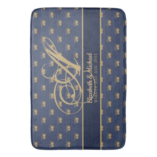 Monogram Navy Blue Gouden Kroon Koning Koningin NI Badmat (Voorkant Verticaal)