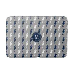 Monogram Navy Blue Gray Seahorse Badmat