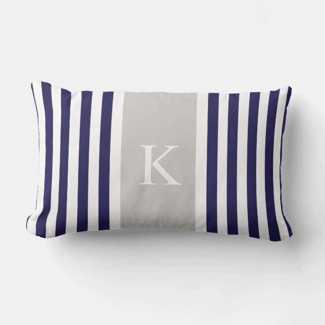 Monogram Navy Blue Gray Stripes Kussen (Voorkant)