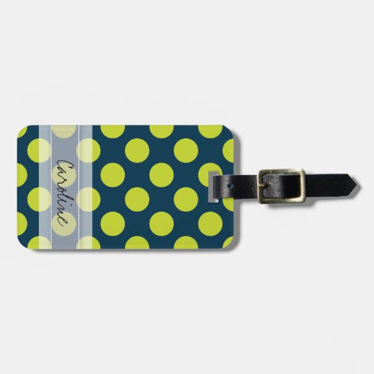 Monogram Navy Blue Green Chic Polka Dot Pattern Bagagelabel (Voorkant horizontaal)