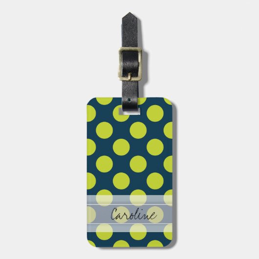 Monogram Navy Blue Green Chic Polka Dot Pattern Bagagelabel (Voorkant verticaal)