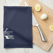 Monogram Navy Blue Greenery en Berries  Theedoek (Quarter Fold)