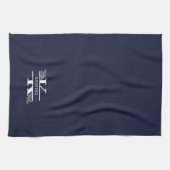 Monogram Navy Blue Greenery en Berries  Theedoek (Horizontaal)