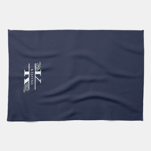 Monogram Navy Blue Greenery en Berries  Theedoek (Horizontaal)