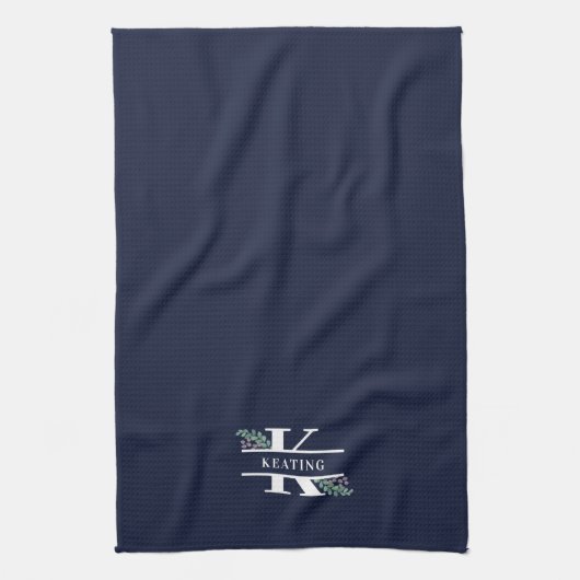 Monogram Navy Blue Greenery en Berries  Theedoek (Verticaal)