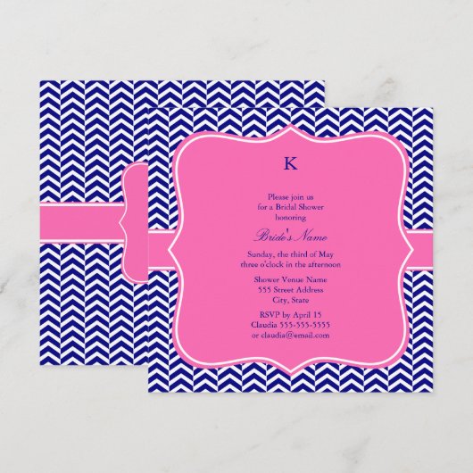 Monogram Navy Blue met warmroze Chevron Bridal Kaart (Voorkant / Achterkant)