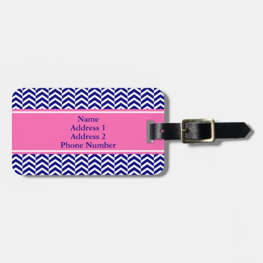 Monogram Navy Blue met warmroze Chevron Pattern Bagagelabel (Voorkant horizontaal)