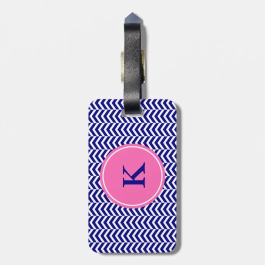 Monogram Navy Blue met warmroze Chevron Pattern Bagagelabel (Achterkant verticaal)