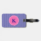 Monogram Navy Blue met warmroze Chevron Pattern Bagagelabel (Achterkant horizontaal)