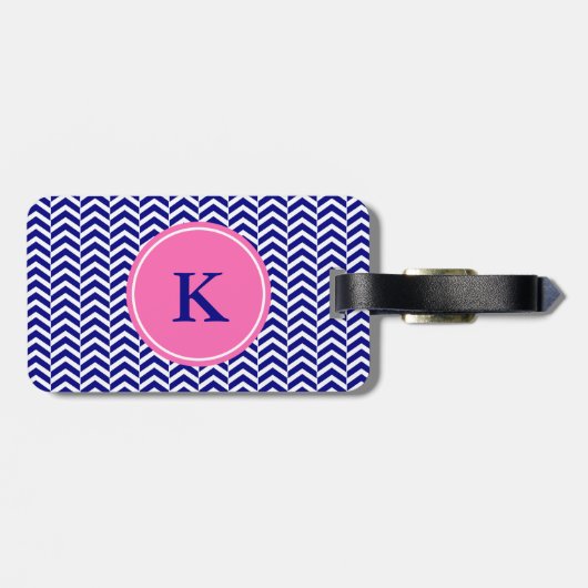 Monogram Navy Blue met warmroze Chevron Pattern Bagagelabel (Achterkant horizontaal)